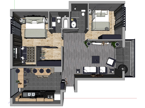 Desain Terintegrasi dan Optimalisasi Ruang Dua Kamar Model 3D