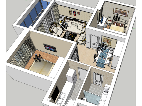 Otimização do Layout de Sala Dupla e Design Abrangente Modelo 3D