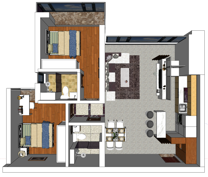 Полная планировка и дизайн планировки двухкомнатной квартиры. 3D Модель .c4d .max .obj .3ds .fbx .stl .blend
