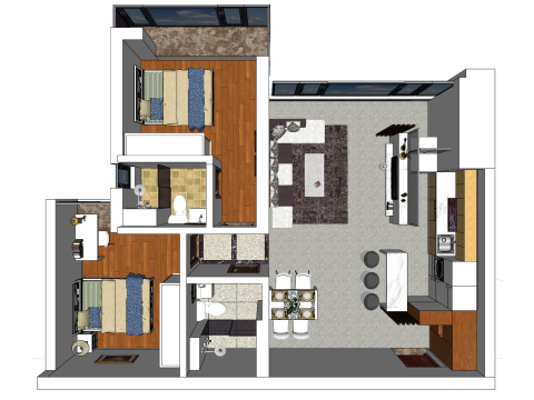 两居室布局的完整规划和设计 3D 模型