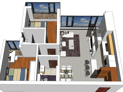 Полная планировка и дизайн планировки двухкомнатной квартиры. 3D Модель