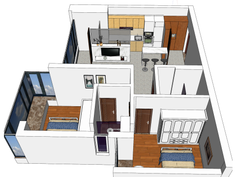 Полная планировка и дизайн планировки двухкомнатной квартиры. 3D Модель