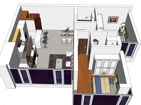 Полная планировка и дизайн планировки двухкомнатной квартиры. 3D Модель