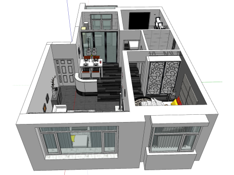 精致的两居室家具齐全的住宅 3D 模型