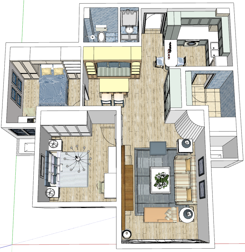 Dari Cetak Biru hingga Rencana Komprehensif Dua Kamar Kehidupan Model 3D .c4d .max .obj .3ds .fbx .stl .blend