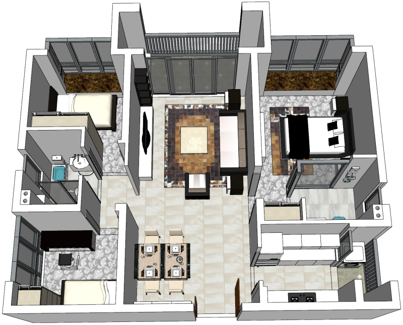 Lingkungan rumah tiga kamar tidur dalam ruangan seluruh rumah Model 3D .c4d .max .obj .3ds .fbx .stl .blend 
