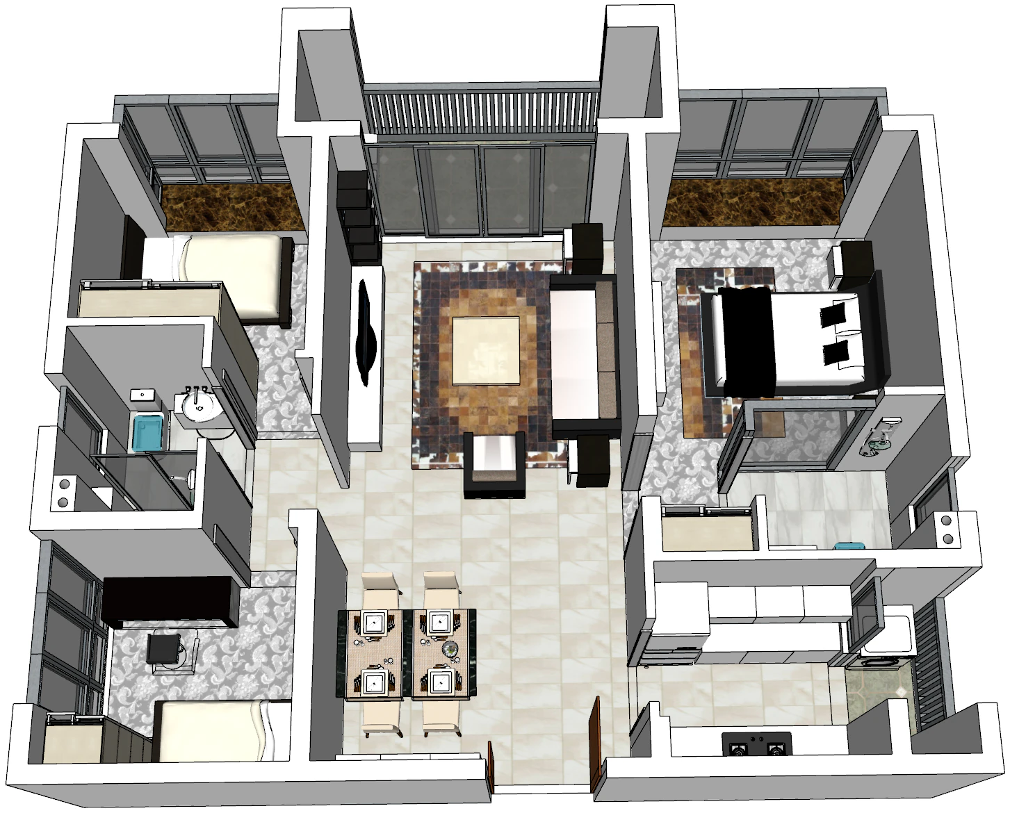 Whole house indoor three-bedroom home environment 3D Model .c4d .max .obj .3ds .fbx .stl .blend 