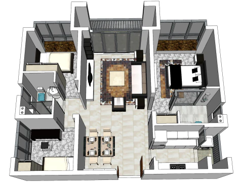 Whole house indoor three-bedroom home environment 3D Model