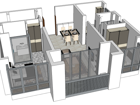 Lingkungan rumah tiga kamar tidur dalam ruangan seluruh rumah Model 3D