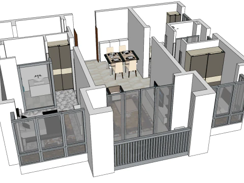 Whole house indoor three-bedroom home environment 3D Model
