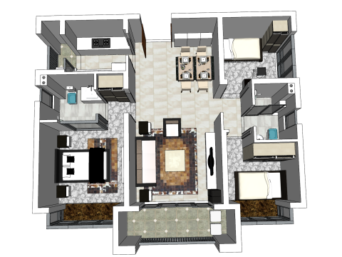 Lingkungan rumah tiga kamar tidur dalam ruangan seluruh rumah Model 3D