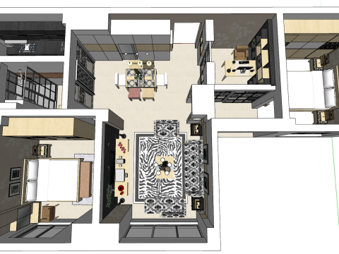 पूरे घर का इंटीरियर डिज़ाइन तीन बेडरूम का स्थान 3D मॉडल