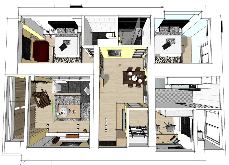 Ontwerpomgeving voor het hele huis met drie slaapkamers 3D Model .c4d .max .obj .3ds .fbx .stl .blend 