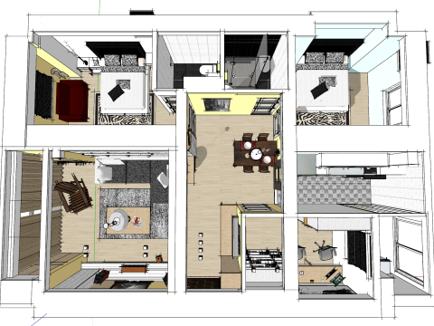 Ontwerpomgeving voor het hele huis met drie slaapkamers 3D Model