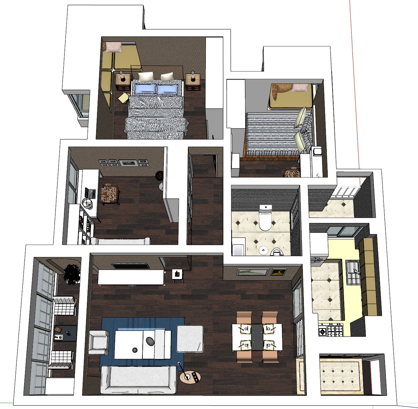 Three-bedroom space home design environment 3D Model .c4d .max .obj .3ds .fbx .stl .blend 