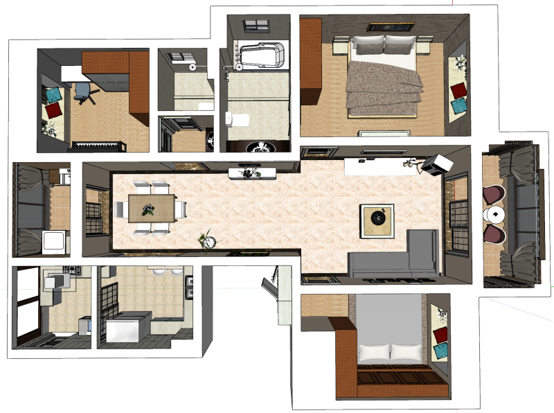 तीन-बेडरूम अंतरिक्ष गृह डिजाइन दृश्य 3D मॉडल .c4d .max .obj .3ds .fbx .stl .blend