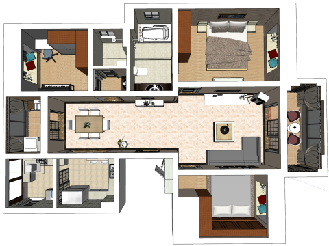3베드룸 공간 홈 디자인 현장 3D 모델
