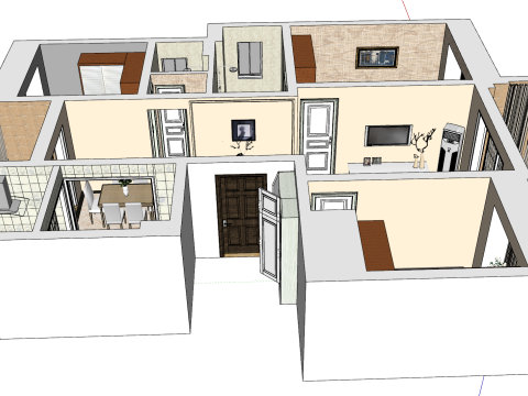 तीन-बेडरूम अंतरिक्ष गृह डिजाइन दृश्य 3D मॉडल