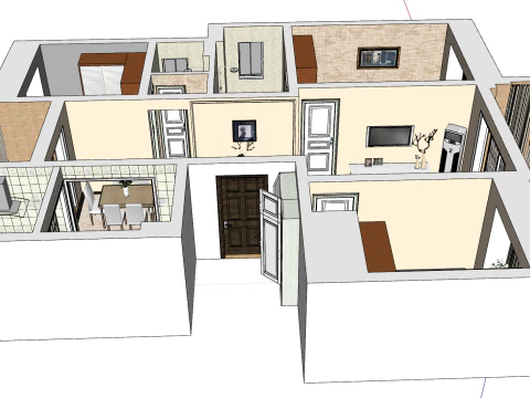 Three-bedroom space home design scene 3D Model