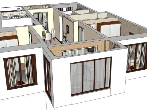 तीन-बेडरूम अंतरिक्ष गृह डिजाइन दृश्य 3D मॉडल