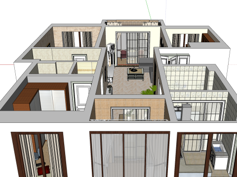 तीन-बेडरूम अंतरिक्ष गृह डिजाइन दृश्य 3D मॉडल