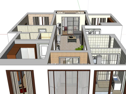 Three-bedroom space home design scene 3D Model