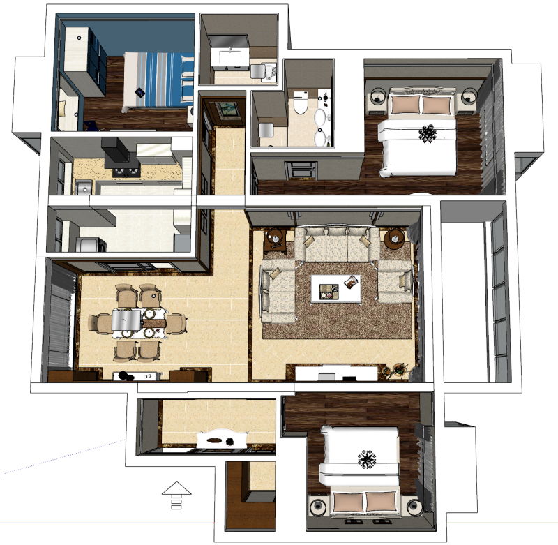 Ambiente doméstico interno com espaço de três quartos Modelo 3D .c4d .max .obj .3ds .fbx .stl .blend