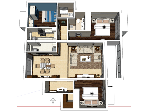 तीन बेडरूम का स्थान इनडोर घरेलू वातावरण 3D मॉडल