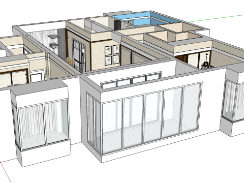 Ambiente doméstico interno com espaço de três quartos Modelo 3D