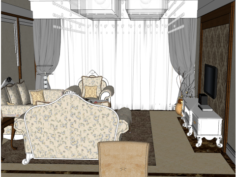 Ambiente doméstico interno com espaço de três quartos Modelo 3D