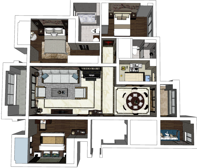 Lingkungan desain busana perkotaan tiga kamar tidur Model 3D .c4d .max .obj .3ds .fbx .stl .blend 