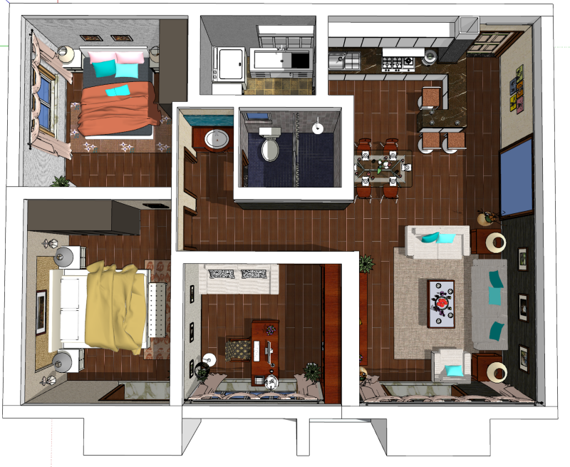 3ベッドルームの温かみのある癒しのデザインシーン 3Dモデル .c4d .max .obj .3ds .fbx .stl .blend 