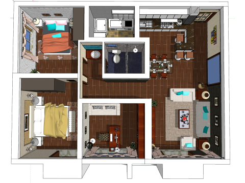 Теплая лечебная дизайнерская сцена с тремя спальнями 3D Модель