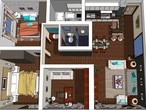 3ベッドルームの温かみのある癒しのデザインシーン 3Dモデル