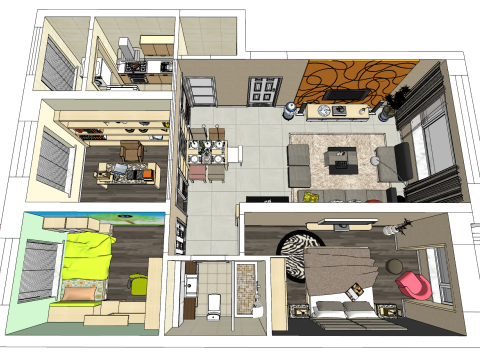 Plan de conception de maison intelligente à trois chambres Modèle 3D
