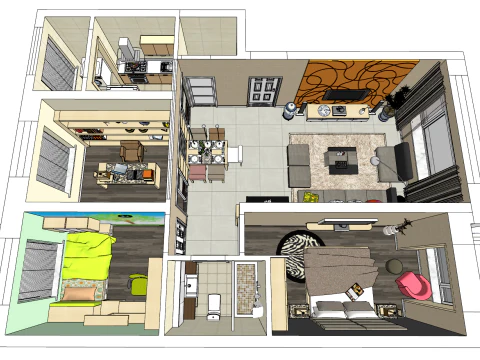 Three-bedroom smart home design plan 3D Model