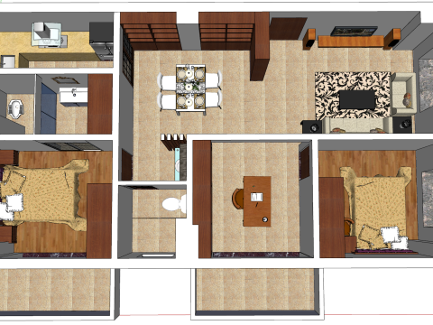 Ambiente de decoração de casa com três quartos Modelo 3D