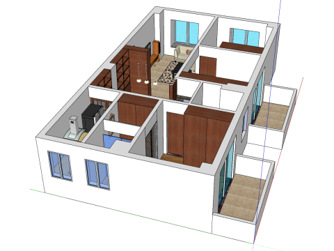तीन बेडरूम का स्थान घर की सजावट का वातावरण 3D मॉडल