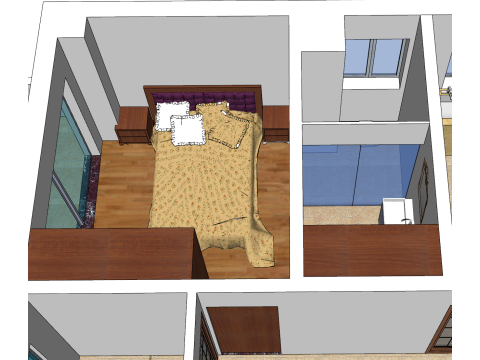 तीन बेडरूम का स्थान घर की सजावट का वातावरण 3D मॉडल