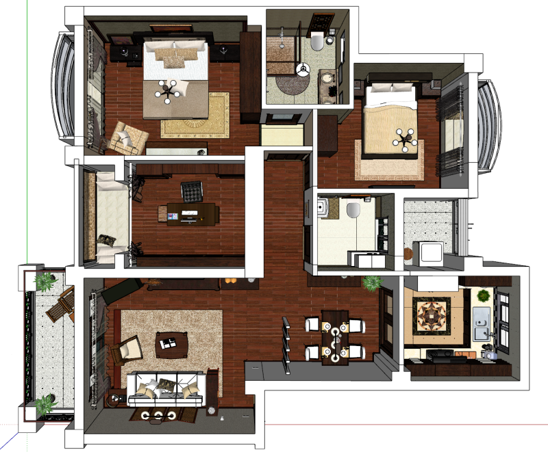 Общий план отделки трехкомнатной квартиры 3D Модель .c4d .max .obj .3ds .fbx .stl .blend