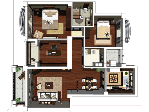 Общий план отделки трехкомнатной квартиры 3D Модель