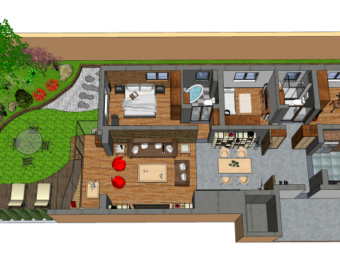 Wohndesign-Szene mit insgesamt drei Schlafzimmern 3D Modell