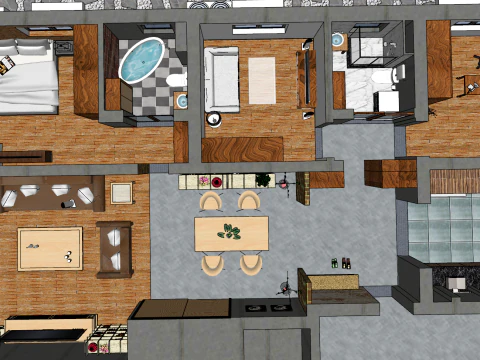 Three-bedroom overall home design scene 3D Model