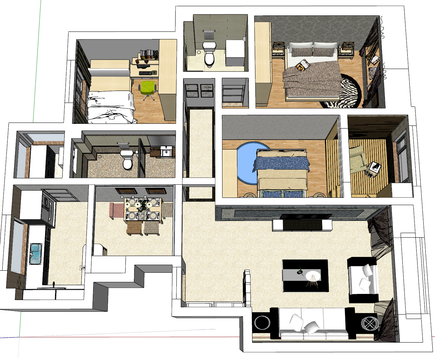 Three-bedroom quality living solution 3D Model .c4d .max .obj .3ds .fbx .stl .blend
