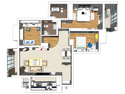 T&uuml;m ev i&ccedil;in &uuml;&ccedil; yatak odalı dekorasyon planı 3D Model
