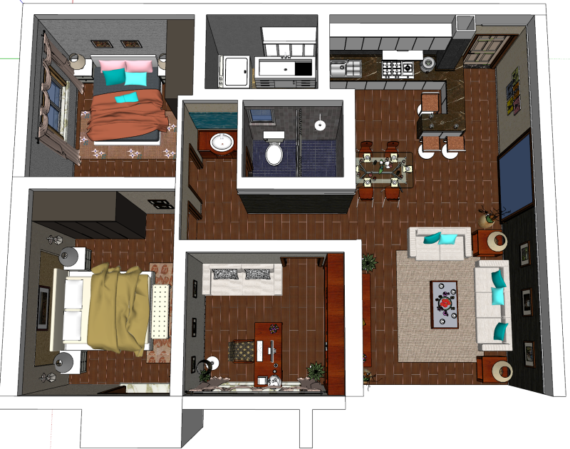 Scena projektowa w jasnym, luksusowym stylu z trzema sypialniami Model 3D .c4d .max .obj .3ds .fbx .stl .blend 