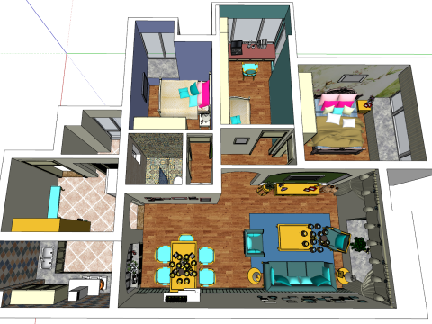 Scena di decorazione semplice e moderna con tre camere da letto Modello 3D
