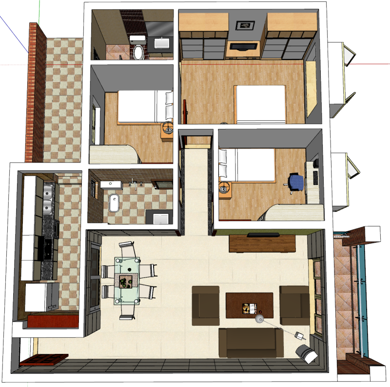 Three-bedroom overall apartment design plan 3D Model .c4d .max .obj .3ds .fbx .stl .blend