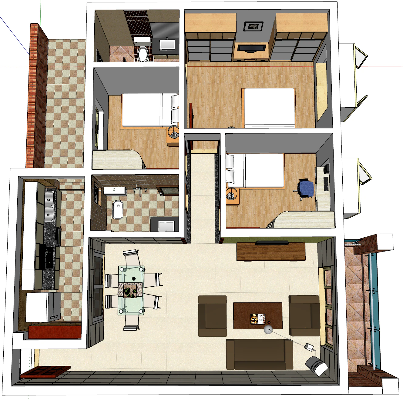 Three-bedroom overall apartment design plan 3D Model .c4d .max .obj .3ds .fbx .stl .blend 