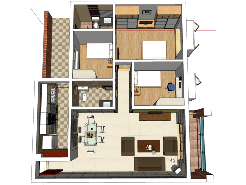 침실 3개 아파트 전체 디자인 계획 3D 모델